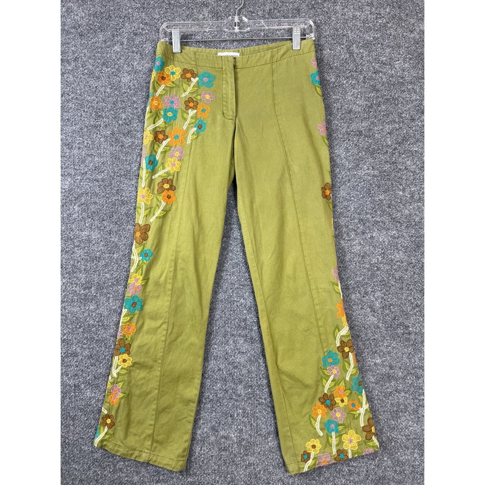 Green Hippie Pants Tamara Catz Floral Embroidered Straight Leg‎ Boho Sz 0